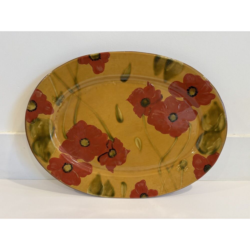 Fleur Rouge Oval Serving Platter Nancy Vachon Ambiance Floral Poppy Yellow